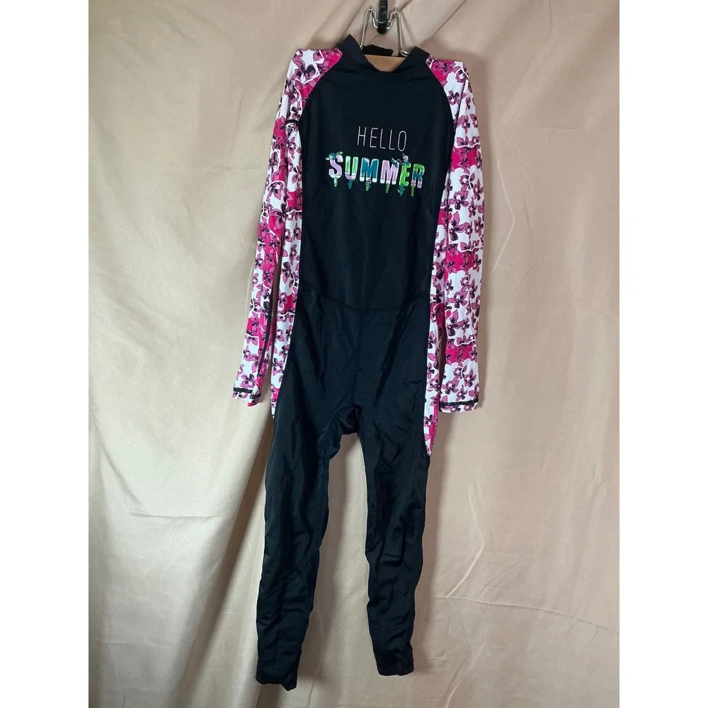 Dive&Sail Rash Guard Youth XL Black Pink New UPF 50+ Floral Long Sleeve